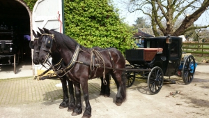 De bruine coupe biedt plaats aan 4 personen en kan getrokken worden door 2 of 4 paarden.