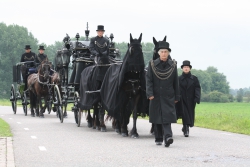 De zwarte glazen rouwkoets met 2 volgkoetsen.