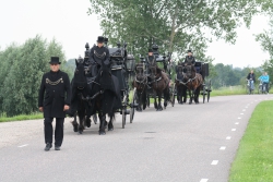 De zwarte glazen rouwkoets met de bloemenkoets en de 4-persoons volgkoets.