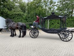 De zwarte open rouwkoets met 2 paarden. Wensen in de uitvoering zijn altijd bespreekbaar zoals op deze foto de koets werd gereden in dagelijkse kleding.